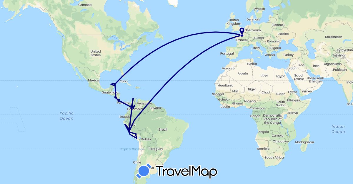 TravelMap itinerary: driving in Colombia, Costa Rica, France, Mexico, Nicaragua, Peru (Europe, North America, South America)